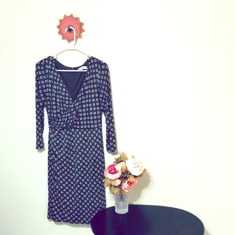 Loft Silver v neck “wrap” dress w/ white diamonds